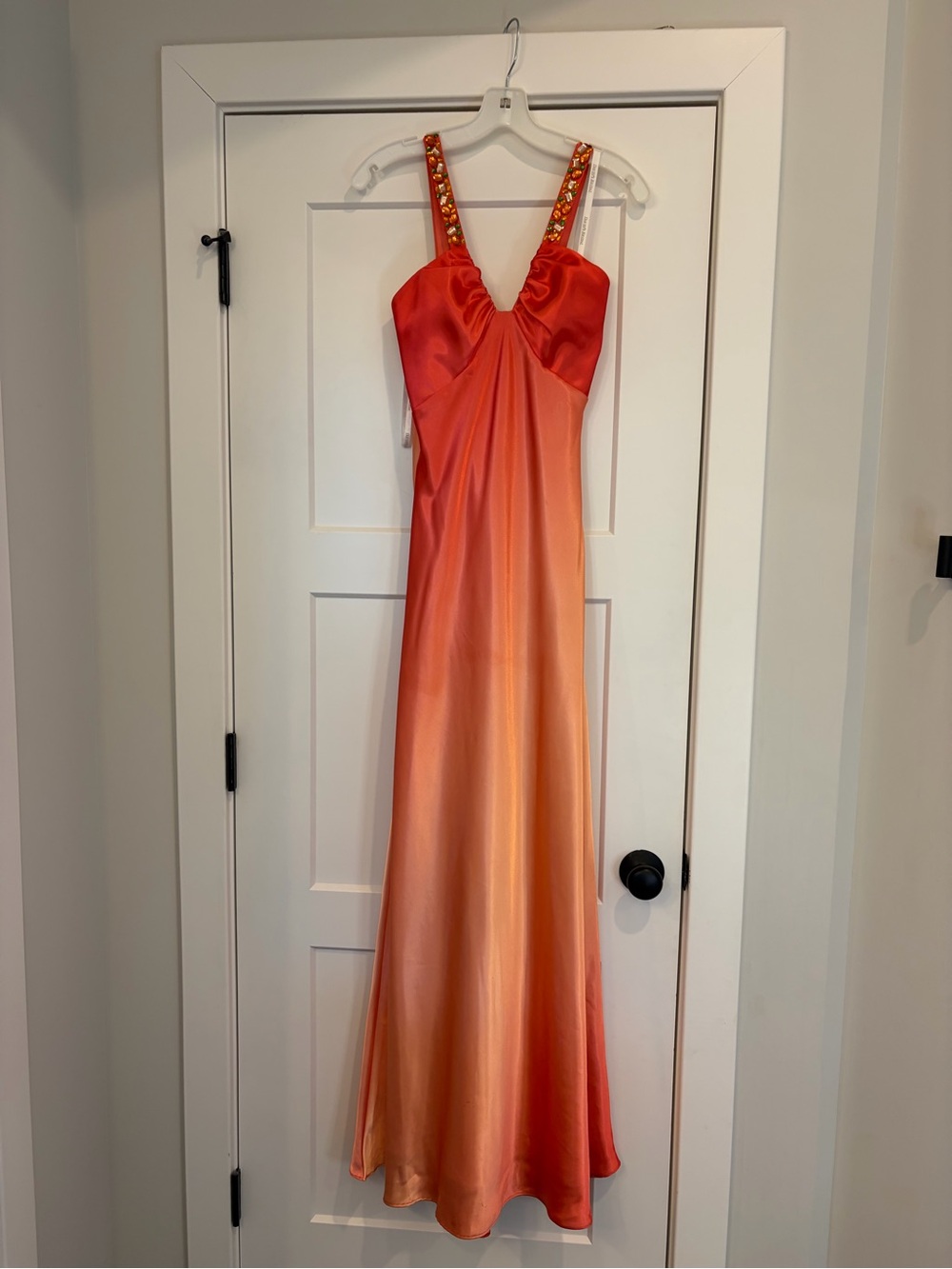 David's Bridal Coral to Peach Ombre Satin Prom Gown with Beaded Straps